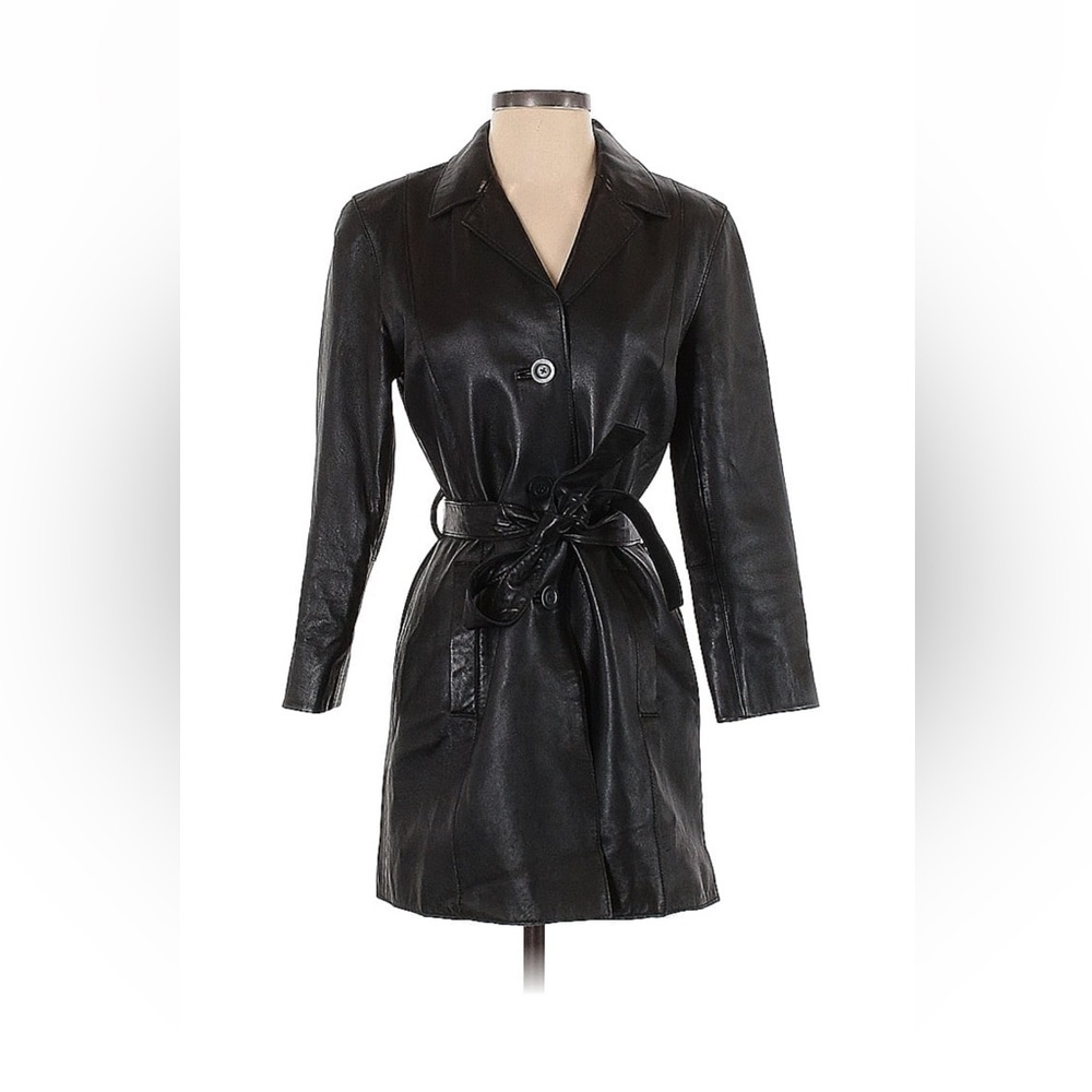 Black leather 3/4 length trench coat with belt size Petite
